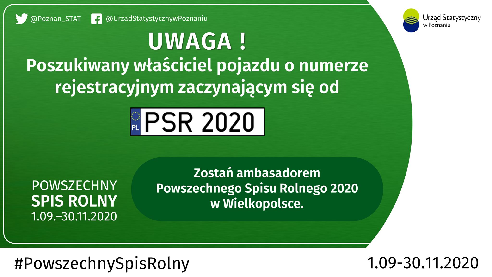 Plakat akcji poszukiwania samochodu, którego numer rejestracyjny zaczyna się od PSR 2020
