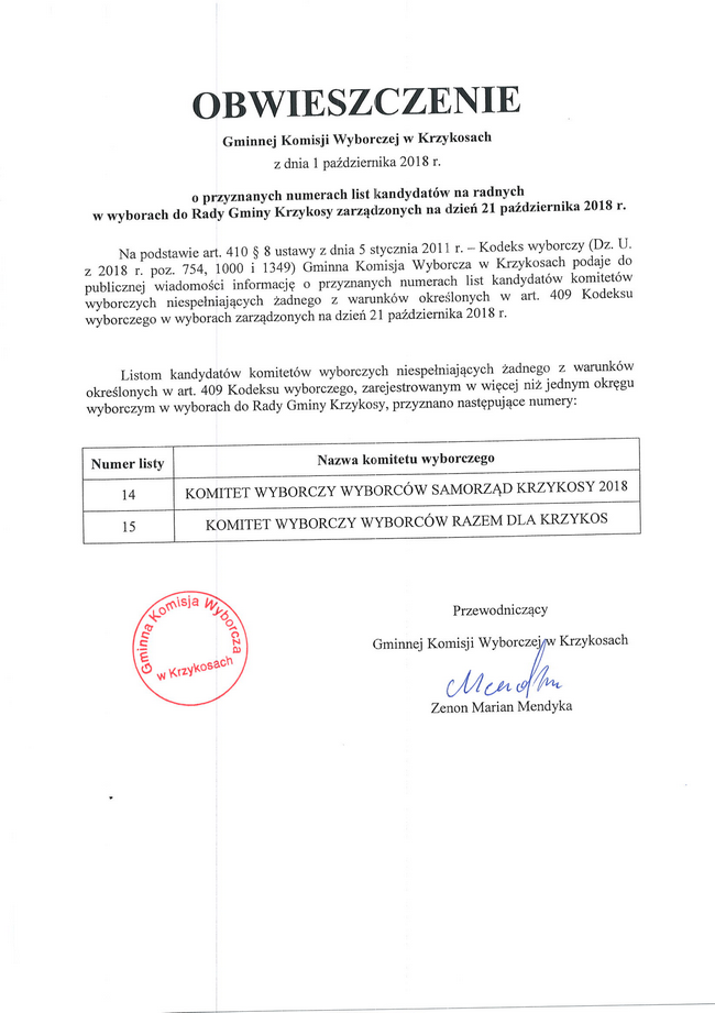 Obwieszczenie Gminnej Komisji Wyborczej w Krzykosach z dnia 1 października 2018 r.